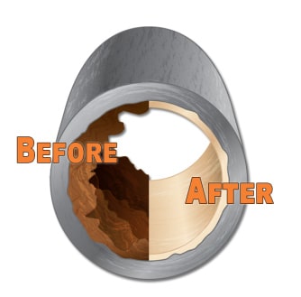 Pipe restoration: Before & after showing pipe cleaning removing corrosion and buildup.