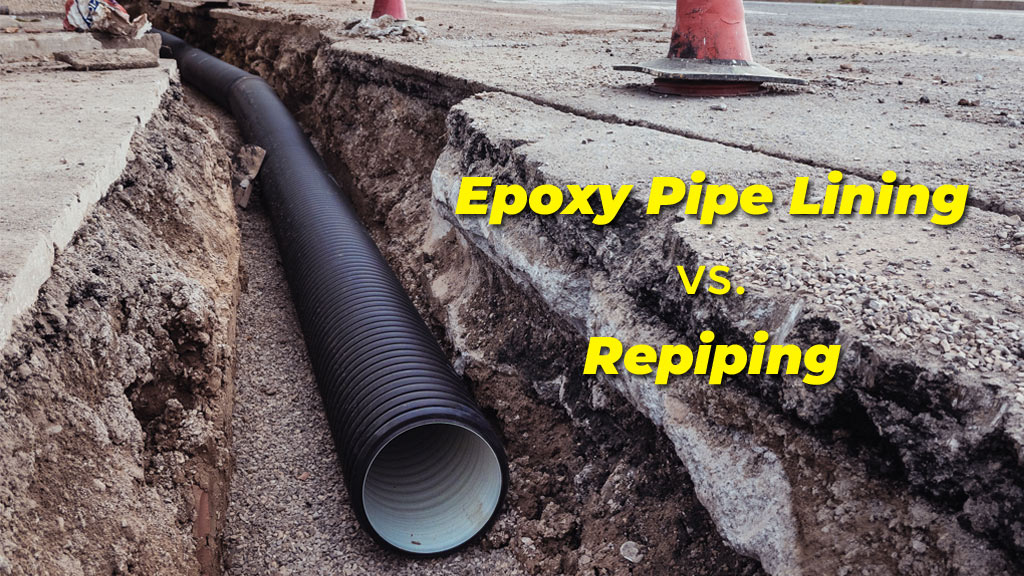 Epoxy pipe lining vs. repiping: Trench with new pipe.