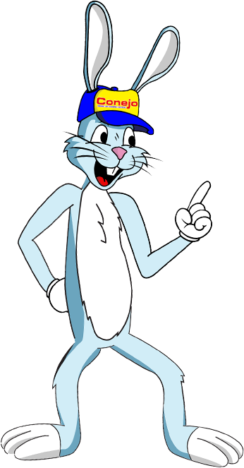 Friendly cartoon rabbit wearing a Conejo branded baseball cap, pointing.