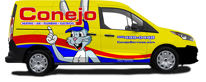 Conejo Services' yellow service-van with a cartoon rabbit logo. Heating, Air, Plumbing, Electrical services.