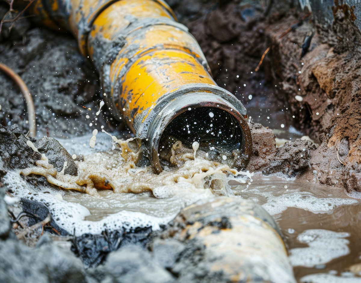 Broken water pipe spewing muddy water during a repair.