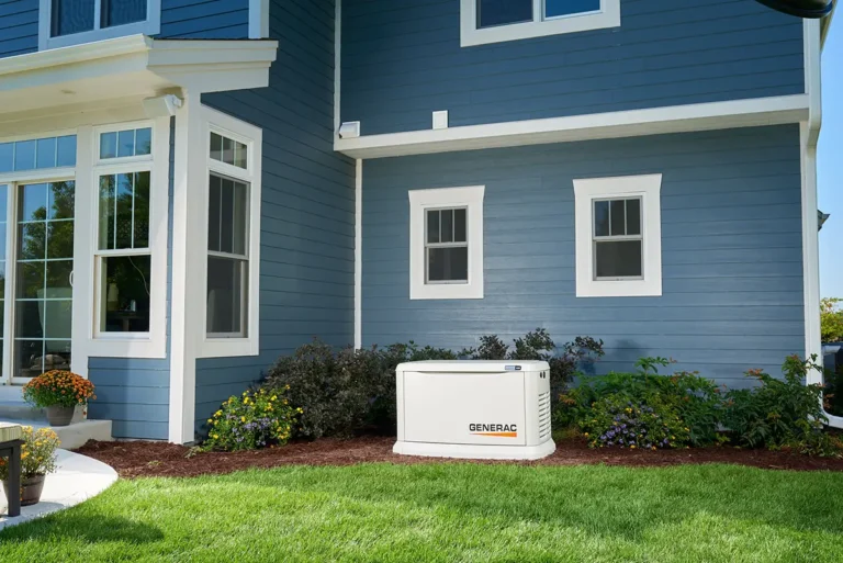 Generac home standby generator installed outside a blue house.
