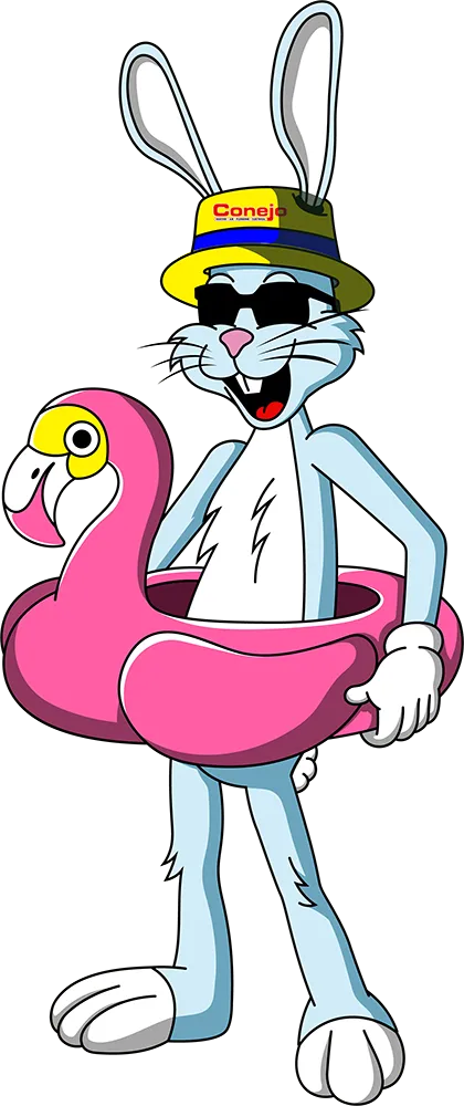 Conejo Services mascot, Gauge, with a flamingo pool floatie
