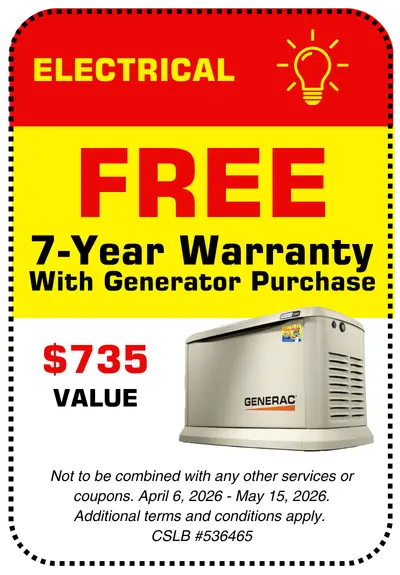 Get a free 7-year warranty from Generac with generator purchase. Terms and conditions apply.