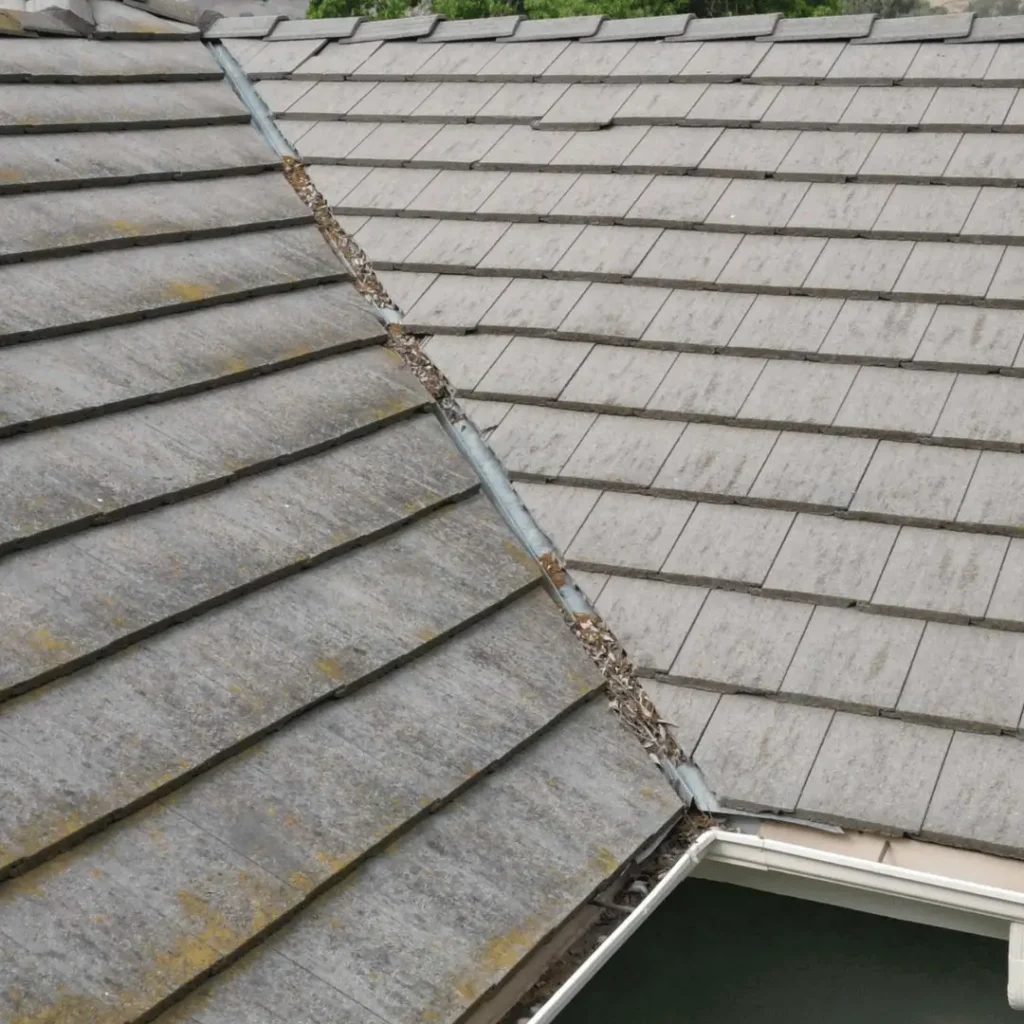 Tile roof valley full of debris